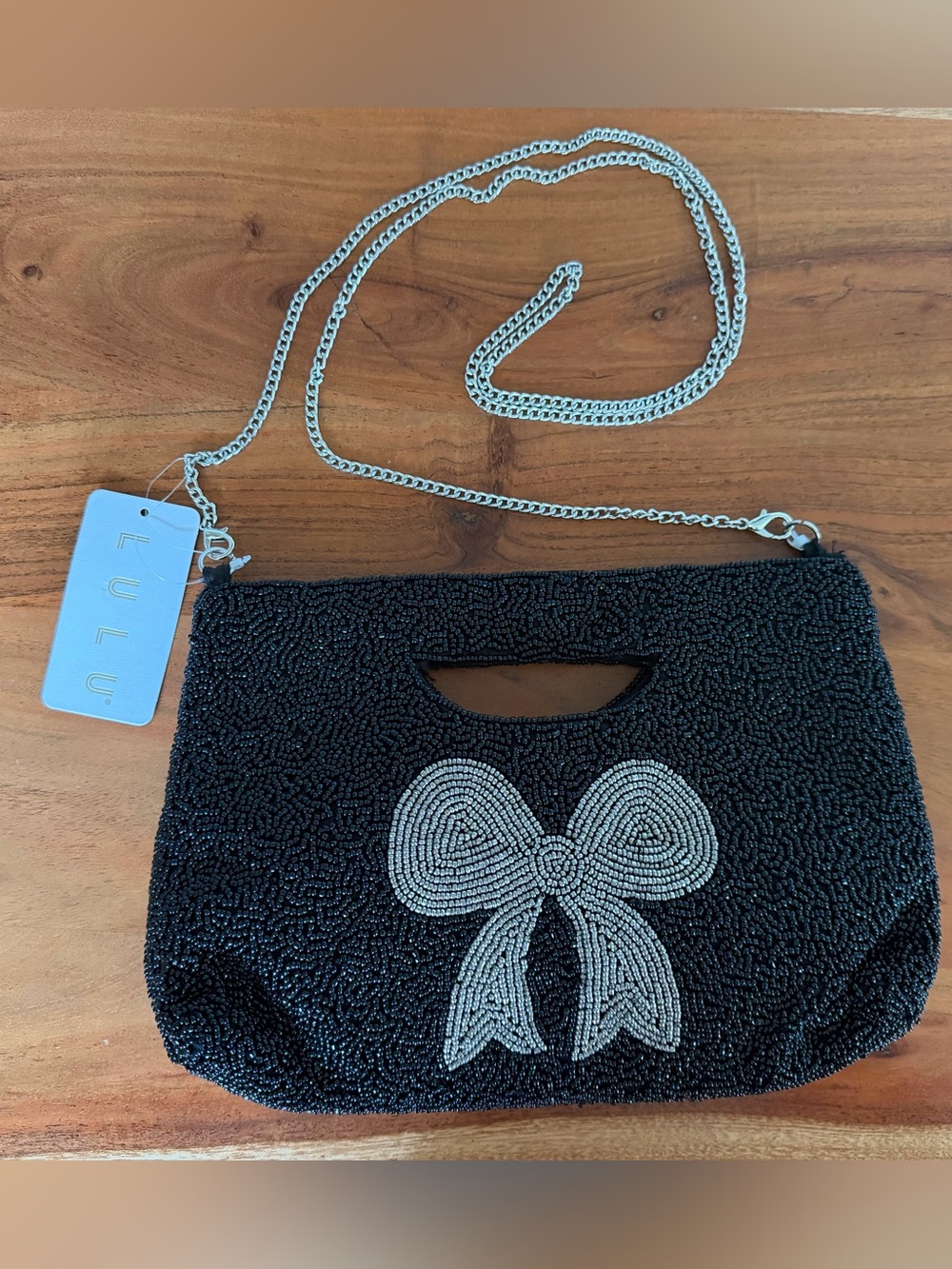 VIRAL Lulu's Black Beaded Bag Clutch with Silver Bow Detachable Silver Chain